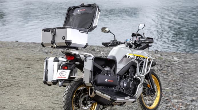 COOCASE aluminium top case and side cases on an adventure motorcycle